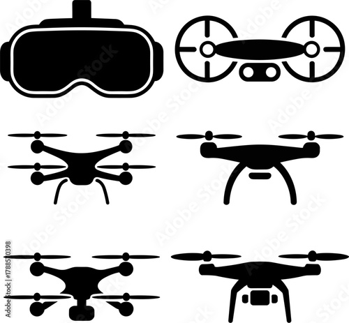 Tech Gadget Icons Digital Camera And Drone Set Simple Black Graphics Unmanned Aircraft