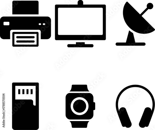 Technology Icons Photo Camera Television Satellite Dish Printer Communication Graphic  News Media And Transmission Devices Vector Set Digital Camera TV Antenna Printer
