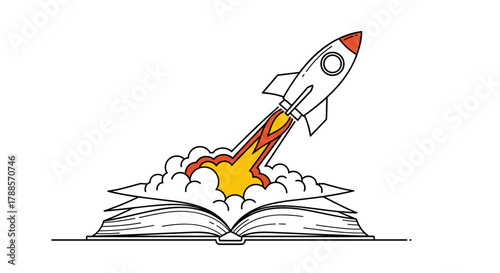 Book with rocket launching from pages, single line art filled with vibrant orange, concept of knowledge as fuel for exploration on white background
