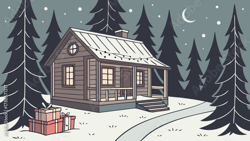 A cozy cabin in a snowy forest with christmas gifts and a crescent moon in the night sky above