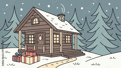A cozy cabin nestled among snowy trees with gifts and a winding path on a winter wonderland day