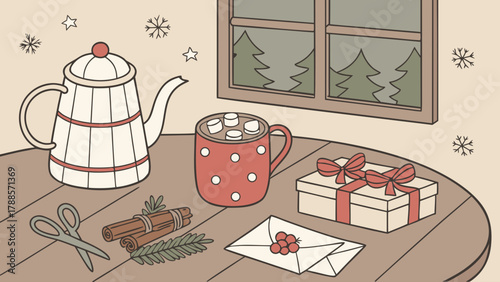 A cozy winter scene featuring a teapot, mug with marshmallows, and christmas gifts on a table