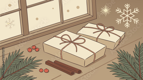 Still life of christmas gifts with cinnamon sticks and berries near a window with snowflakes