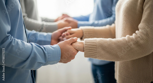 People holding hands in a supportive gesture indoors  
