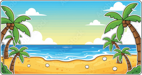 Cartoon tropical beach with palm trees, seashells, and ocean waves, vector illustration for vacation, relaxation, and nature escape concept