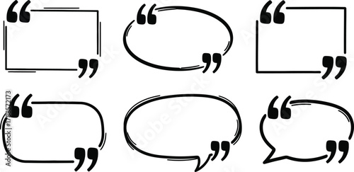 Doodle Quote Frames, Black Speech Bubbles, Text Box Isolated on Transparent Background