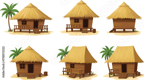 Cartoon tropical huts with thatched roofs and palm trees, vector illustration for beach housing, rural lifestyle, and cultural architecture concept