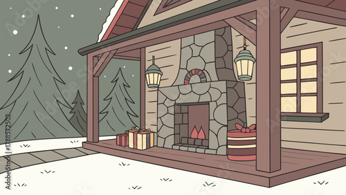 Illustration of a christmas scene with gifts and a fireplace in front of a house at night
