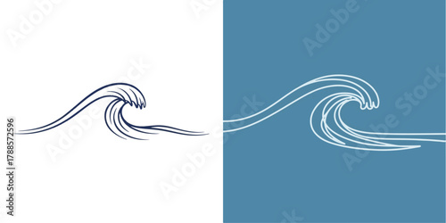 Stylized Ocean Wave Line Art in White and Blue Color Schemes