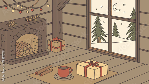 A cozy christmas scene with a fireplace gifts and a window showing a snowy winter landscape