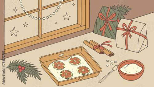 Festive scene of baking with citrus in a pan near gifts and a decorated window indoors