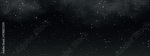 Night starry sky background with light and clouds. Bright glowing stars isolated on transparent backdrop