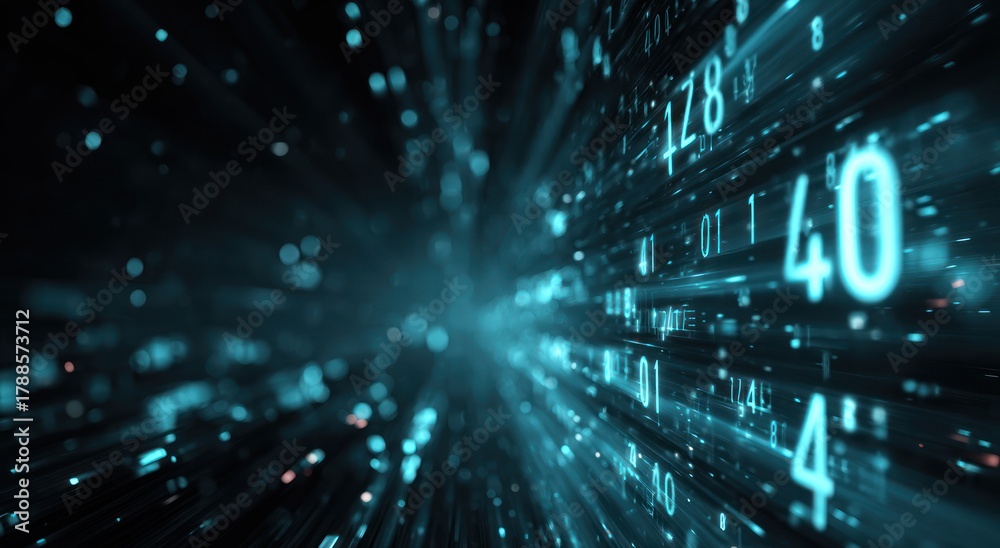 Fototapeta premium Abstract digital data stream with glowing cyan numbers moving fast.