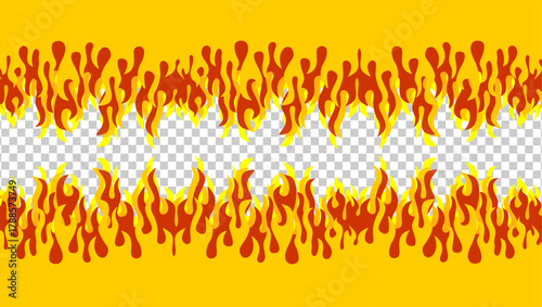 Fire flame illustration. Abstract fire background on transparent background. Abstract cartoon flame background. Fire flame seamless border pattern. Fire seamless pattern background.	