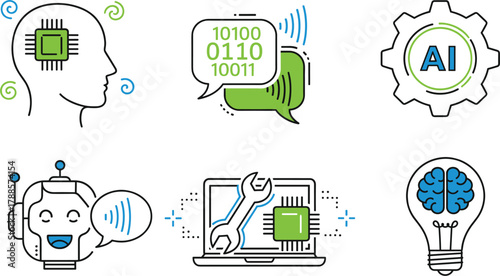 Artificial Intelligence and Technology Icon Set: Brain Chip, Binary Code, Robot, Gear, Laptop Repair, and Idea Light Bulb for Digital, Machine Learning, and Innovation Graphics.