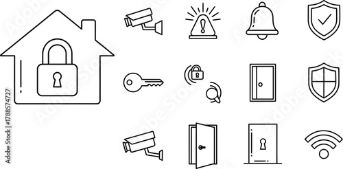 Home security simple line icon set. Vector pictograms of house lock, alert symbol, thin linear illustration.