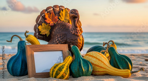 Fototapeta Naklejka Na Ścianę i Meble -  Beach still life with wooden turkey, gourds, and a blank photo frame, showcasing autumn harvest or Thanksgiving scene on sand, against the ocean view