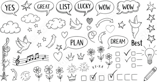 Doodle Sketch Elements with Speech Bubbles, Stars, Arrows and Floral Motifs