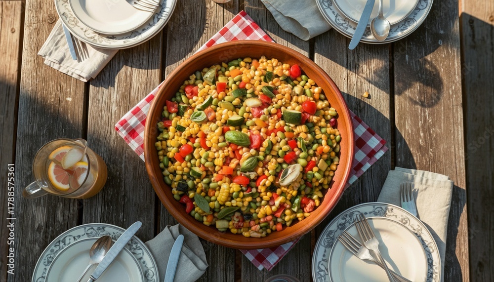 Obraz premium Overhead Shot of Vibrant Succotash Served Family Style on a Picnic Table for Summer