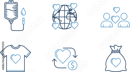 Charity and Donation Icon Vector Set: Blood Bag, Global Love, Fundraising, Volunteer Team, T-Shirt, and Money Bag Graphics for Health, Giving, and Non-Profit Organizations.