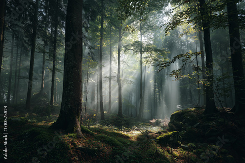 serene woodland walk, tranquil foggy forest scene with dappled sunlight filtering through trees