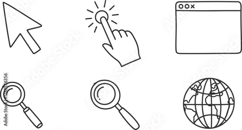 Internet browsing simple doodle icon set. Vector pictograms of cursor, mouse click, simple hand-drawn illustration.