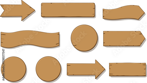 Cartoon wooden sign shapes set with arrows, planks, and circles, vector illustration for UI design and game asset concept