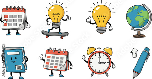 Cartoon-style educational icons with expressive faces, vector illustration for school materials, office tools, and editorial learning content