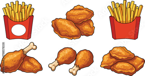 Cartoon-style fried chicken and French fries set, vector illustration for fast food branding, menu design, and editorial culinary content