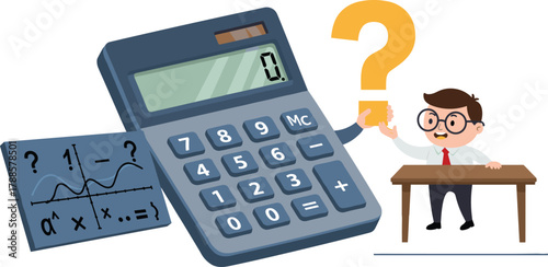 Cartoon-style illustration of calculator, math graph, and puzzled character with question mark, vector art for education and homework content