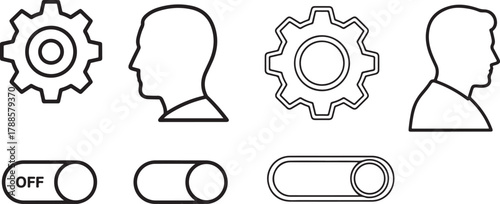 Outline UI Icons Set: Settings Gear, User Profile, Toggle Switches