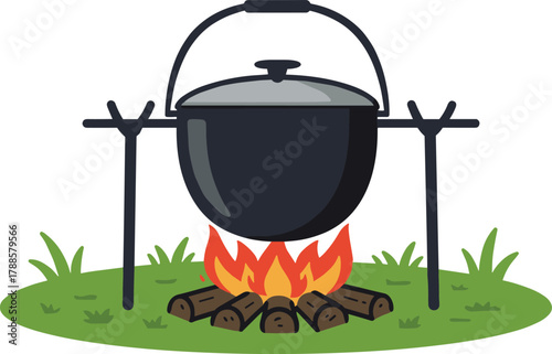 Cauldron hanging over campfire on grass, vector illustration for outdoor cooking, camping lifestyle, and editorial survival content