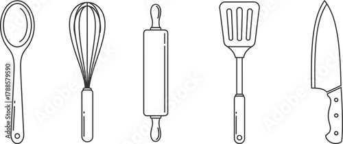 Simple cooking tools outline set. Vector pictograms of wooden spoon, whisk, thin line illustration.