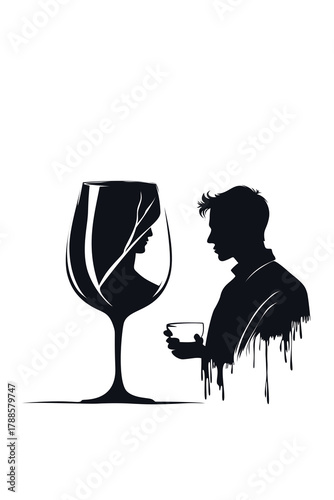 Conceptual illustration of alcohol addiction showing a man drinking and a woman's face inside a wine glass, symbolizing loneliness, dependence, and emotional destruction.