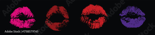 Four colorful lipstick kiss marks on a black background print mouth