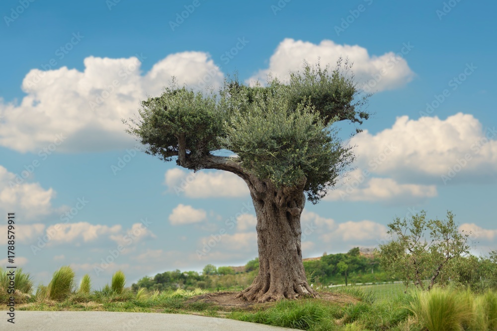 Obraz premium Olive grove tree on sea background in a sunny day