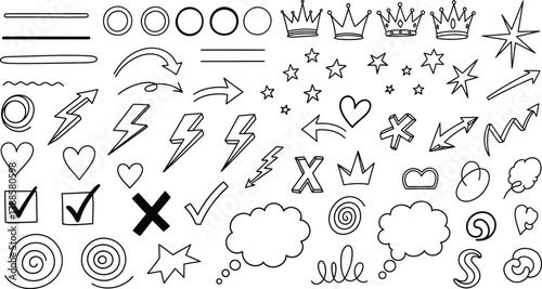 Doodle Symbols Set on Transparent Background Arrows, Hearts, Crowns, Stars, Lightnings