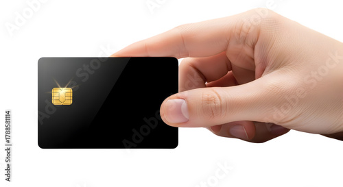 Hand Holding Black Credit Card with Gold Chip and Copy Space