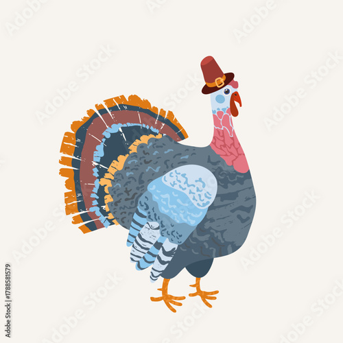 A turkey with a red hat on its head. The turkey is standing on a white background. Vector illustration