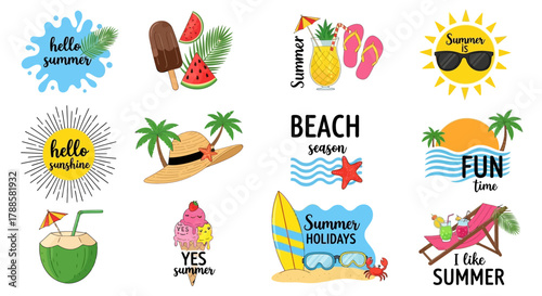 A colorful set of summer vacation icons and illustrations. Collection of beach elements like sun, palm trees, tropical fruits, and holiday lettering badges