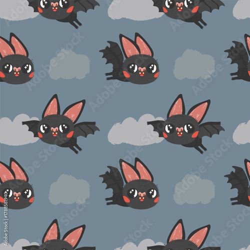 Seamless pattern of a cute bats flying in the sky with clouds on a dark background