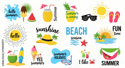Collection of colorful summer vacation stickers and design elements for travel and beach holidays. Vector illustration set