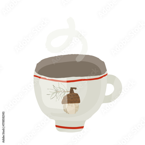 Cup with an image of an acorn and a red rim. The cup is filled with hot liquid chocolate coffee or tea