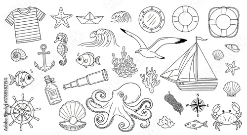 Collection of hand-drawn nautical and marine doodles. A set of sea life icons, sailing symbols, and ocean adventure elements in outline style