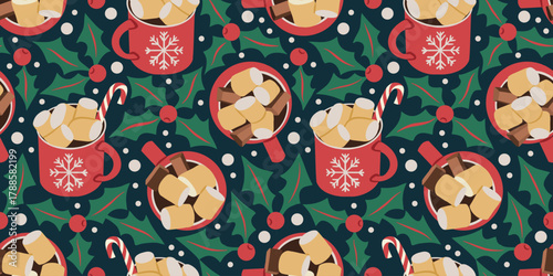 Christmas pattern with hot chocolate drinks and holly leaves, berries. Red cup of hot cocoa with marshmallows. Winter holiday repeat illustration