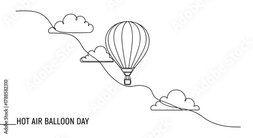 Minimalist continuous single line drawing of a hot air balloon floating among clouds for Hot Air Balloon Day