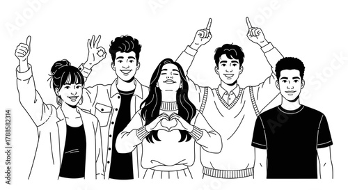 Vector line art illustration of a cheerful group of diverse young people making positive hand gestures for teamwork and success