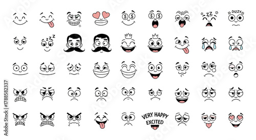 Big collection of funny comic face expressions and different emotions. Vector avatar and character creation elements isolated on white