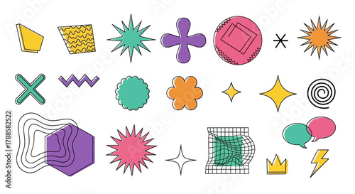 A vibrant set of abstract geometric shapes and retro symbols from the 80s and 90s. Colorful Memphis style design elements for creative projects