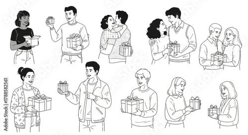 Collection of heartwarming line art illustrations featuring diverse people exchanging gift boxes for holidays and celebrations